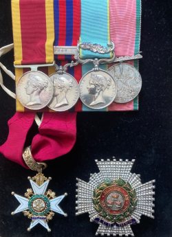 K.C.B. group , Admiral Sir Edward Rice, Commander-in-Chief of the Nore. Operations on the Yangtse-Kiang in the First Opium War 1840-42.in charge of flotilla of boats on the Irrawaddy River in the Pegu operations 1850-53. In that capacity he engaged the Burmese at Metha, destroyed their magazines and war boats, and dispersed their troops, following which he commanded the bluejackets and naval guns at the capture of Prome. He was mentioned in despatches and received the thanks of the Governor-General in Council.In 1854 attacked the Riff pirates on shore near Cape Tres Forcas and recaptured the English brig Cuthbert Young. as Flag Captain in the Leander, at Sebastopol operations and at the evacuation of the Crimea and A.D.C. to Queen Victoria