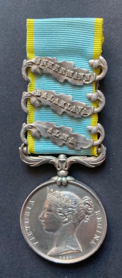 Crimea 3 clasps with Balaklava, 4th Light Dragoons, officially impressed, a 'Charger'  wounded in the charge at Balaklava, 25/10/1854 and died in the Regimental Camp on 9 December 1854