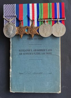 Lancaster mid-upper gunner’s D.F.M. group  Flight Sergeant G. A. Hillier, 57 Squadron, with Flying Logbook, recommended part way through his tour for his gallantry in engaging an Me. 109, on the way back from a raid on Dusseldorf, 2/3 November 1944 'The enemy’s first attack was made coming in to port and slightly below and cannon fire put the rear gunner’s turret out of action and seriously wounded the gunner. The fighter made further attacks, but Sergeant Hillier, by vigourous offensive action, eventually drove him off. During the action, the mid-upper turret was damaged and, in the latter part of the engagement, Sergeant Hillier fired his guns manually. The situation was exacerbated by the elevator and starboard rudder being damaged to such an extent that the only tactical manoeuvre that the pilot found possible to make was a slight diving turn. Sergeant Hillier’s running commentary to the pilot was exceptional and he was undoubtedly responsible for the safe return of the crew and aircraft to this country.