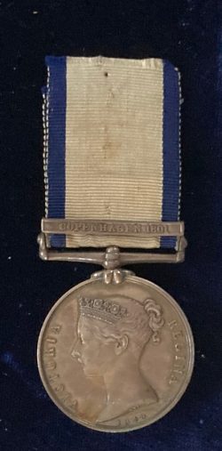 Naval General Service clasp Copenhagen, Drummer, Royal Marines , H.M.S. Ardent, of the finest ships for the battle. With Nelson's squadron, forced the surrender of four Danish ships and floating batteries though at a loss of over 90 officers and men killed or wounded. causing Nelson to come aboard the Ardent the day after the battle to deliver his personal commendations to Ardent's officers and men for their actions. Disch to Pension Greenwich 1817, stated 'wounded Hebrus' presumably war of 1812 where she saw good service