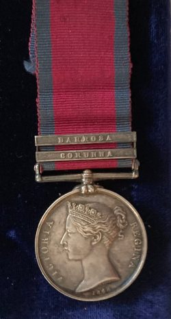 Military General Service , 2 clasps with Barrosa, 28th Foot, disch. 1812 in consequence of a gun shot wound received at Barrosa