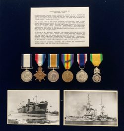 The historically important WWI. River Clyde 25 April ‘Gallipoli Landings, “V” Beach’ C.G.M.  group.  A  V.C. worthy award. (6 Royal Navy officers and rates being awarded the V.C. for great gallantry at the River Clyde) On seeing that the landing bridge from the River Clyde didn’t reach the shore, jumped overboard from his ship H.M.S. Albion and with a line and got his boat beached to complete bridge from 'River Clyde' to shore. then under heavy enemy fire, transported multiple wounded men back to River Clyde in a rowing boat. On his second trip to the beach, he grabbed a tin of biscuits and used this to protect his back; the tin was hit three times