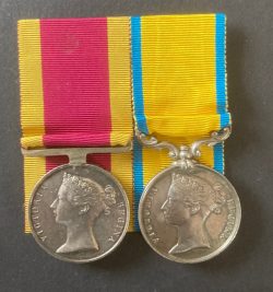 China 1842 (Volunteer 1st Cl.) later Admiral, China campaign of 1842 and with the Naval Brigade ashore, including the actions of Tsekee on 14th March, at Chapoo on 17 May, and the storming and capture of Nanking on 16 June (Medal); in the Baltic campaign of 1854, as Lieutenant of H.M.S. Desperate; in the Baltic campaign of 1855, as Lieutenant of H.M.S. Pylades, including, on 15 August, the capture of four craft under fire from Russian troops in the Bight of Kossoria (Medal); also the campaign against the Sooso tribe on the Scarcies River, 30 miles north of Sierra Leone, December 1857 to 1 February 1858, as Lieutenant commanding H.M.S. Teazer, including the bombardment of Kambia on 1 February 1858, and with the Naval Brigade in destroying hostile villages further up river. He was specially promoted to Commander for these services, 1 April 1858;