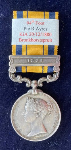 South Africa clasp 1879, 94th Foot. Killed in action at Bronkhorstspruit, 20/12/1880