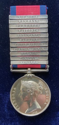 Military General Service, 11 clasps, 43rd Foot, Wounded at Vimiera, present at the sanguinary regimental actions at Badajoz  where they lost over 300 officers and men storming the breach including  their Colonel killed at he head of the regiment, at New Orleans where over. 200 were casualties. Also present at the Bridge of Coa, Lord Wellington wrote of this action near Almeida that it was one of the most brilliant of the exploits of the Light Division during the war  and where again their Colonel was killed at the head of the regiment