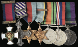 A ‘100’ Club’ Path Finder Force’ Pilot D.S.O. D.F.C. and Bar group to include GSM Palestine 1945-48 Squadron Leader   of No. 109 Squadron (Path Finder Force) and No.105 Squadron, R.A.F.V.R., who completed over 100 wartime sorties over France and Germany as part of the elite ‘Oboe’ Squadrons. Having taken part in two early attacks on the German Battleships Scharnhorst and Gneisenau at Brest Harbour,  he was part of the very first confirmed ‘Oboe’ operation on 20 December 1942, and earned an immediate award of the Bar to his DFC for pressing home an attack on Dusseldorf in November 1943 despite  technical failure and engine trouble